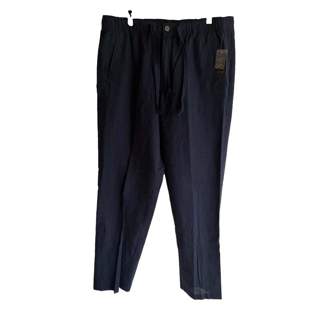NWT Tasso Elba Island Linen Blend Pants Navy Blue Size L Beach Coastal Stretch